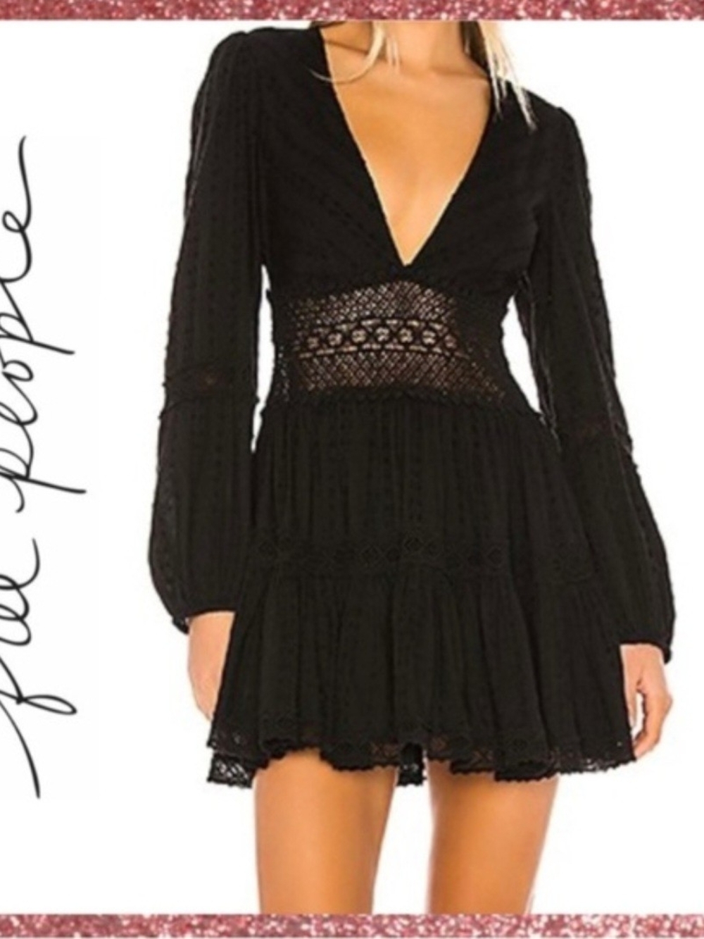 Free People Black Crochet Waist Mini Dress with Deep V
